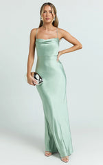 Hanna Maxi Dress Satin Cowl Neck Low Back Dress in Sage