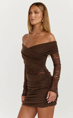 Juliet Mini Dress Off Shoulder Lace Contrast Bodycon Dress in Choc