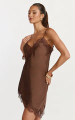 Iris Mini Dress Lace Trim Asymmetrical Camisole Dress in Chocolate