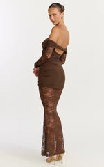 Juliet Maxi Dress Off Shoulder Long Sleeve Ruched Overlay Lace Dress in Choc