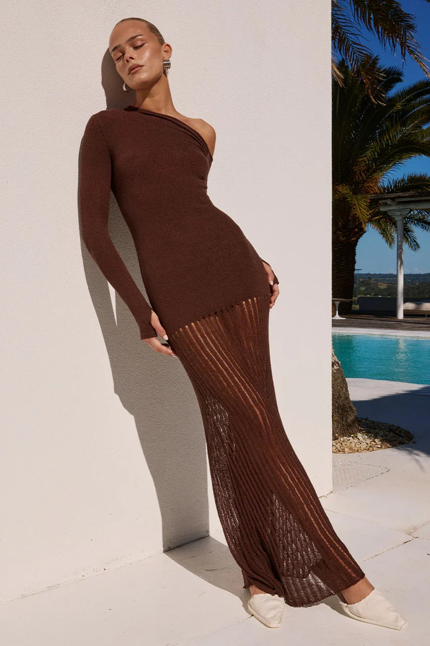 GRETA ONE SHOULDER KNIT MAXI DRESS CHOCOLATE