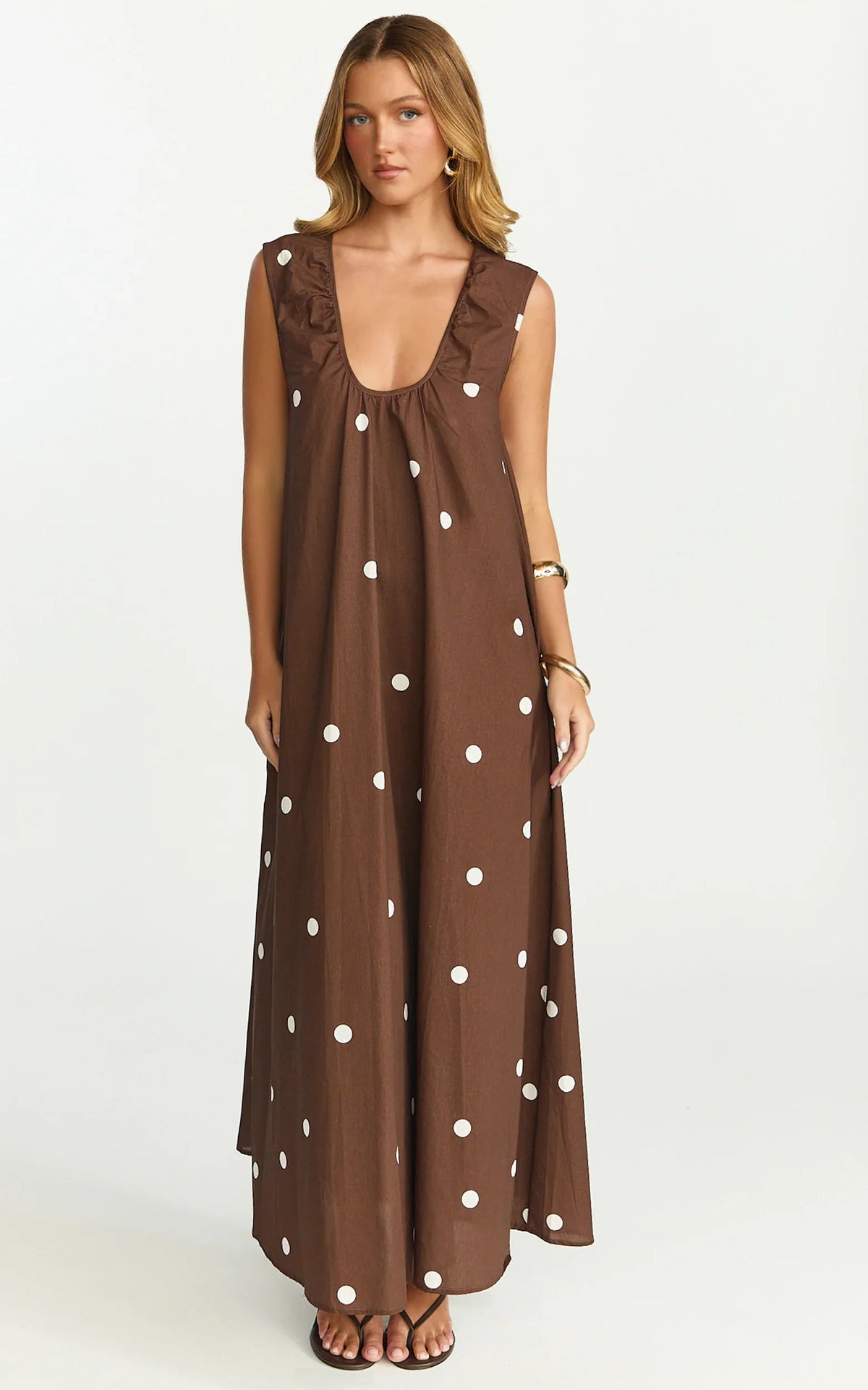 Simone Maxi Dress U Halter Neck Linen Polkadot Dress in Chocolate