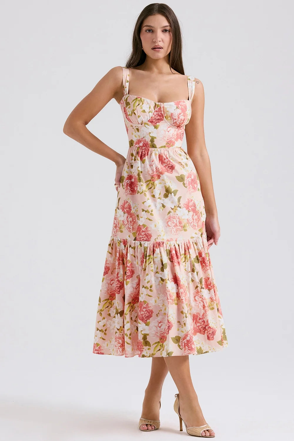 pink peony print cotton midi sundress