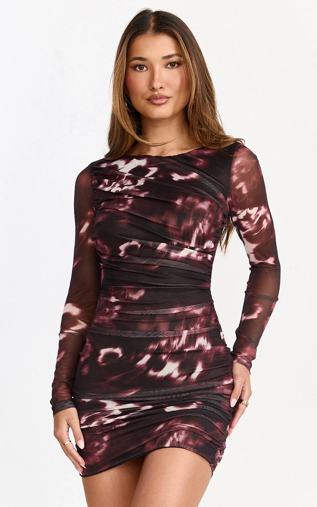 Zita Mini Dress High Neck Long Sleeve Bodycon Mesh Dress in Botanical Haze