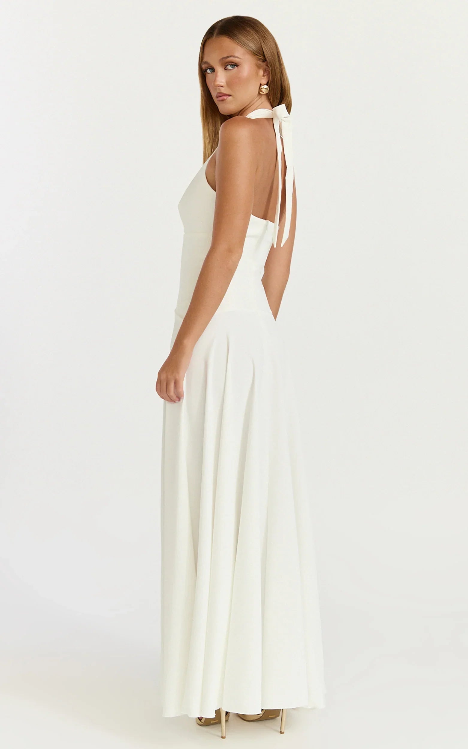 Poppy Maxi Dress Contrast Skirt Deep Plunge Halter Dress in Off White