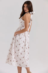 cream floral print stretch cotton halter neck midi dress