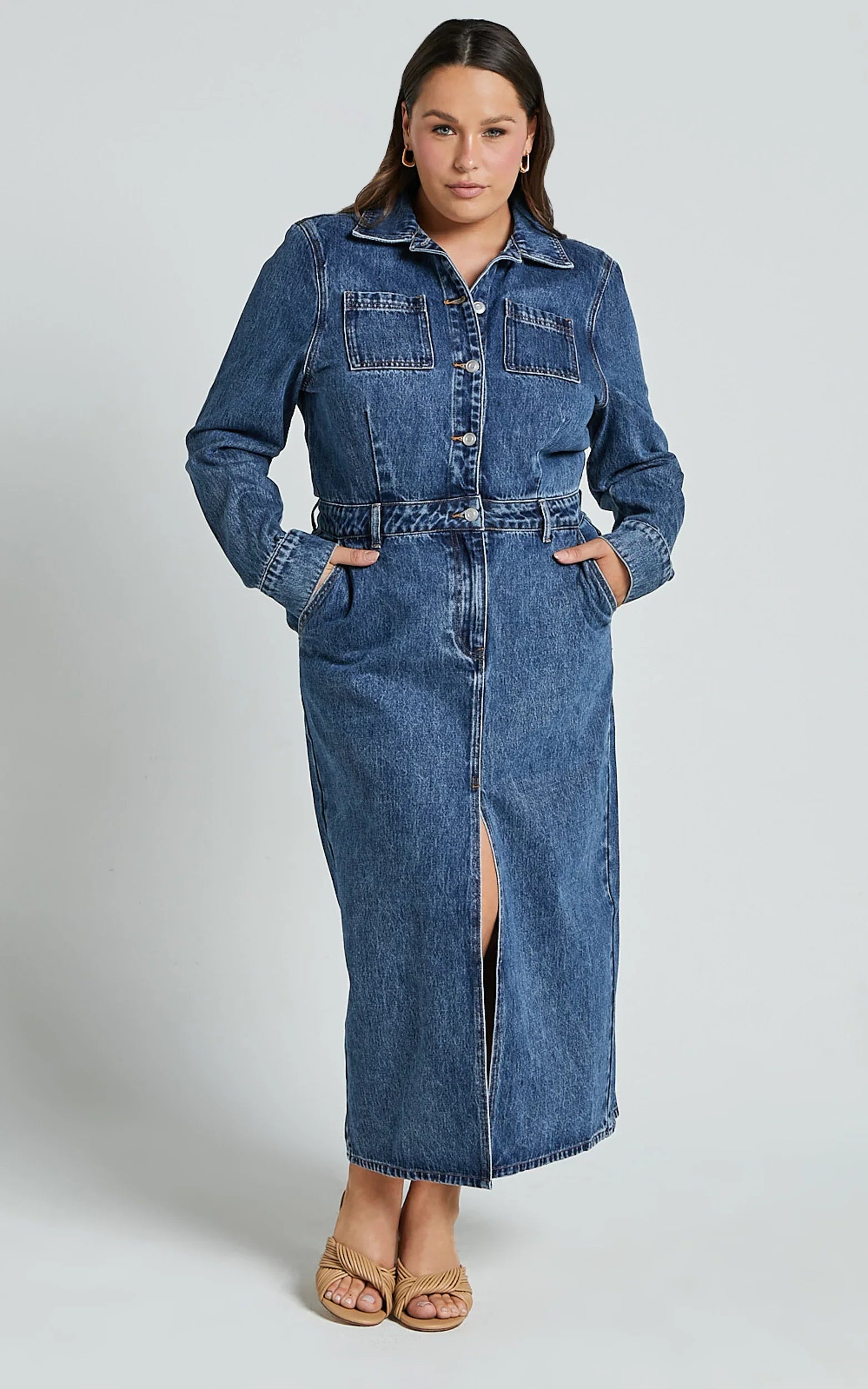 Alison Midi Dress Long Sleeve Front Split Denim Dress in Mid Blue Wash