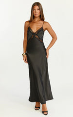 Christy Midi Dress V Neck Lace Detail Slip Dress in Black