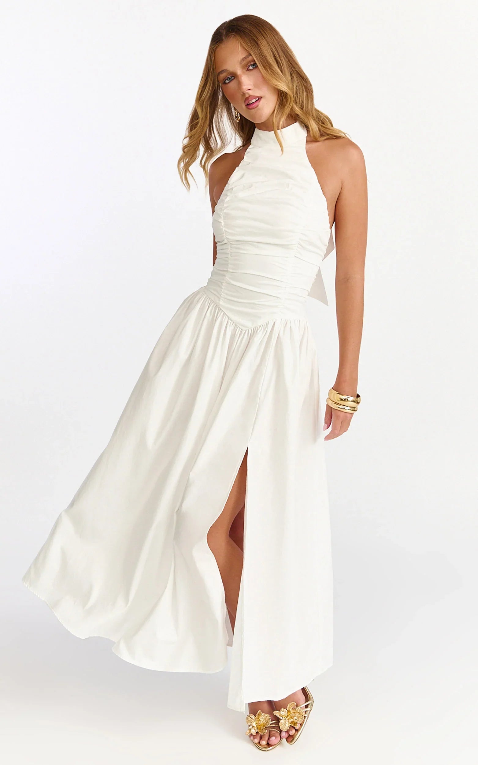 Anya Midi Dress Halter Neck Ruched Drop Waist Dress in White
