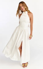 Anya Midi Dress Halter Neck Ruched Drop Waist Dress in White
