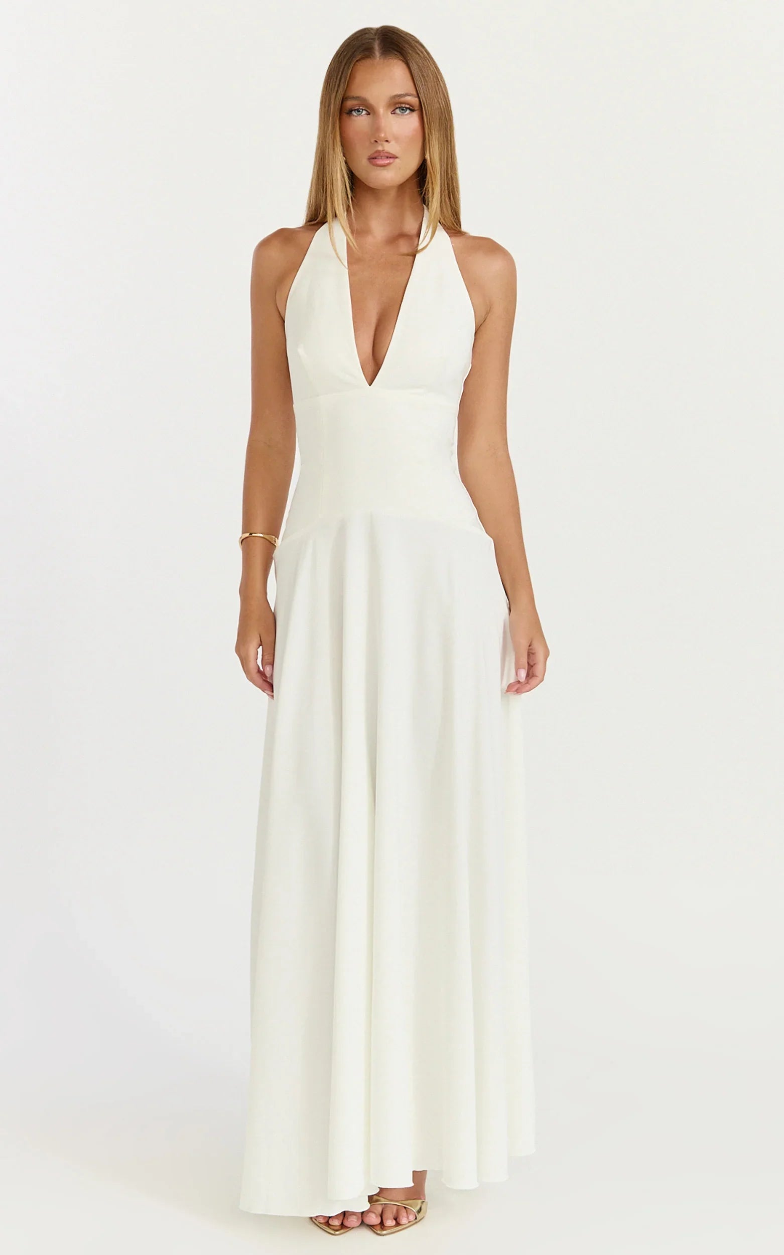 Poppy Maxi Dress Contrast Skirt Deep Plunge Halter Dress in Off White