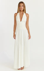 Poppy Maxi Dress Contrast Skirt Deep Plunge Halter Dress in Off White