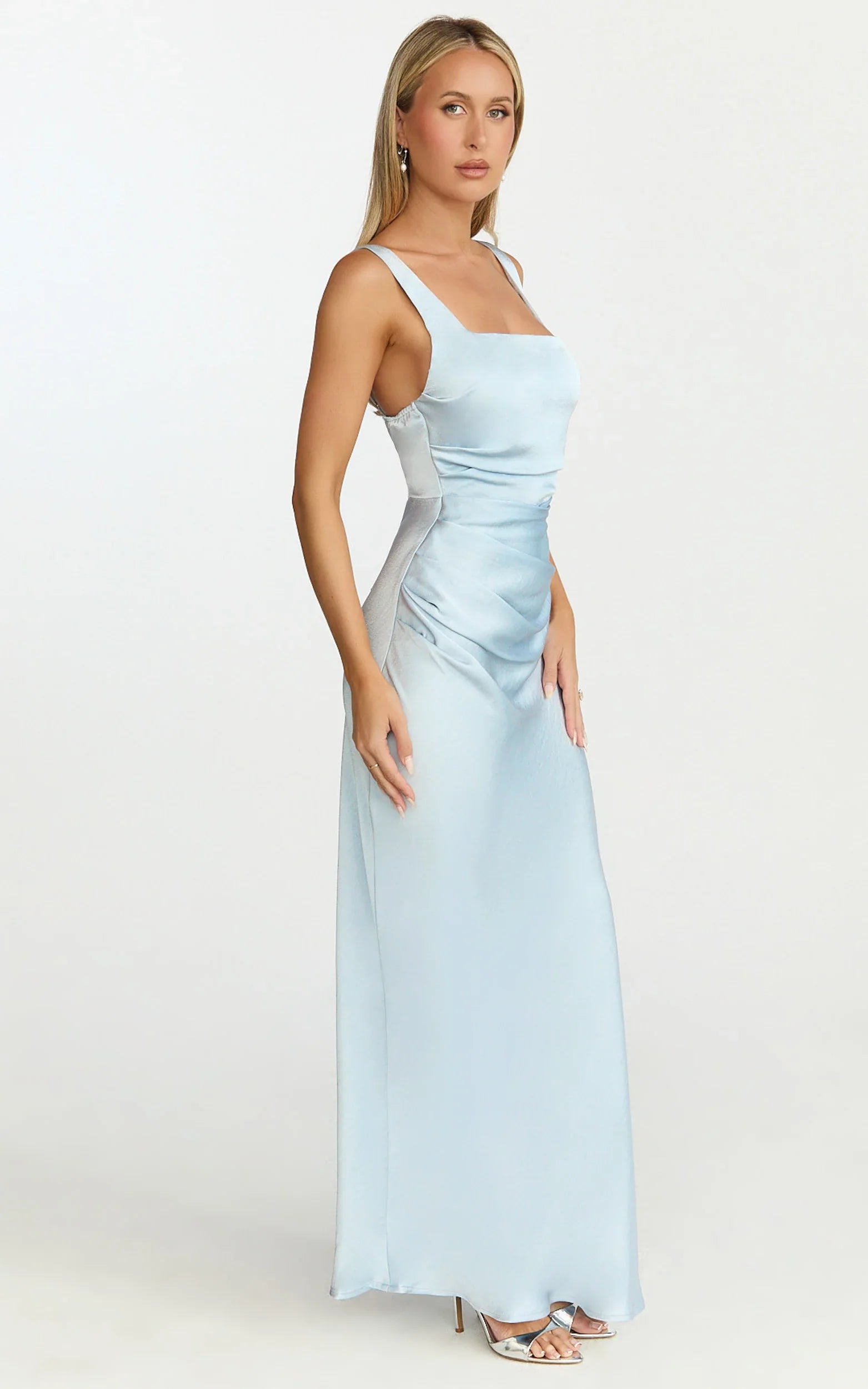 Rumi Midi Dress Rushed Bodiest Satin Dress in Pale Blue