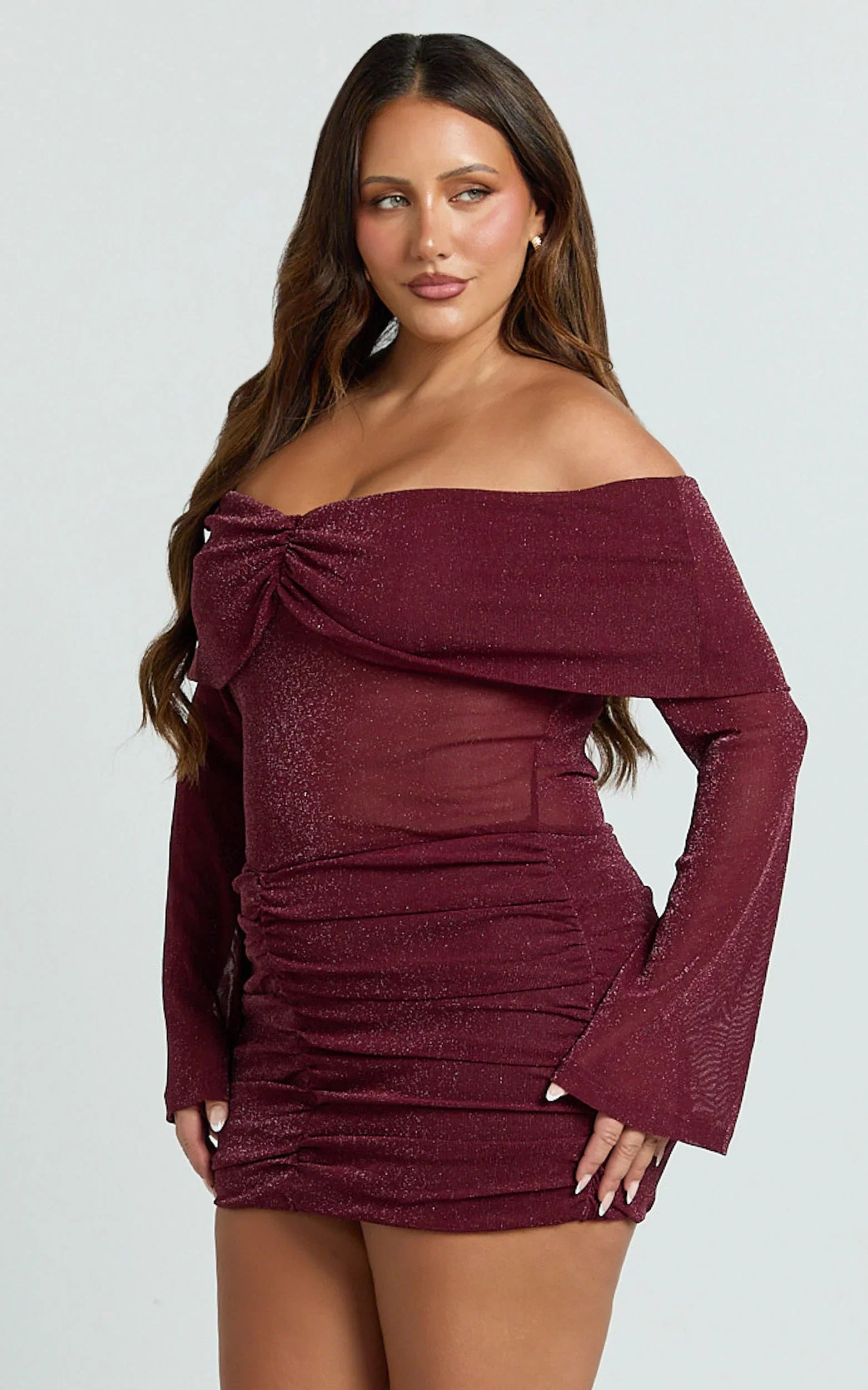 Rumi Mini Dress Glitter Tulle Off Shoulder Ruched Dress in Wine