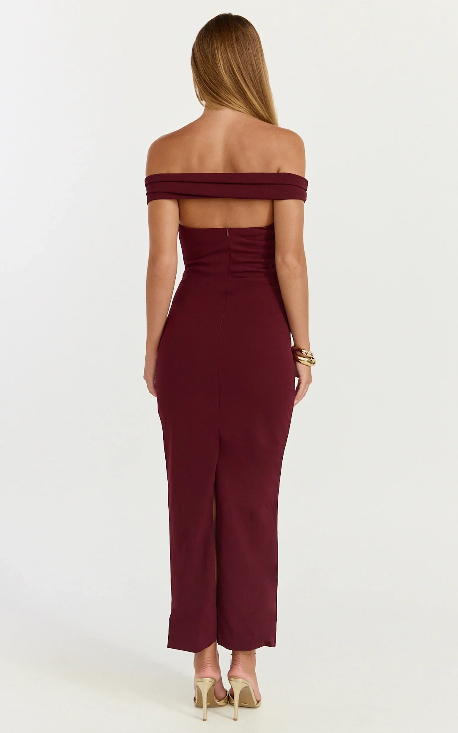 Lena Midi Dress Off Shoulder Ruched Bodycon Dress in Wine