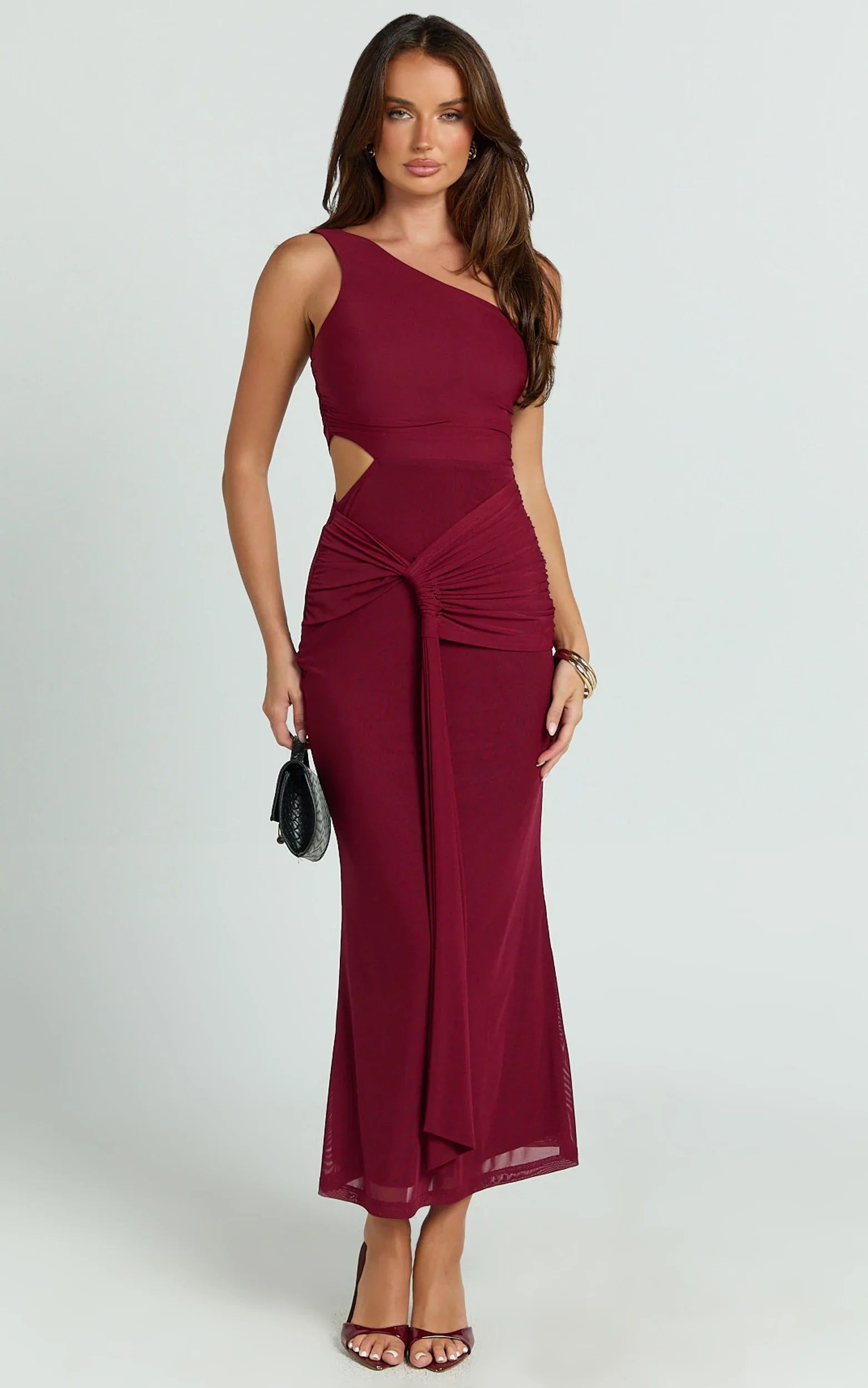 Mandy Midi Dress Knot Detail Cut Out Mesh Dress in Wine