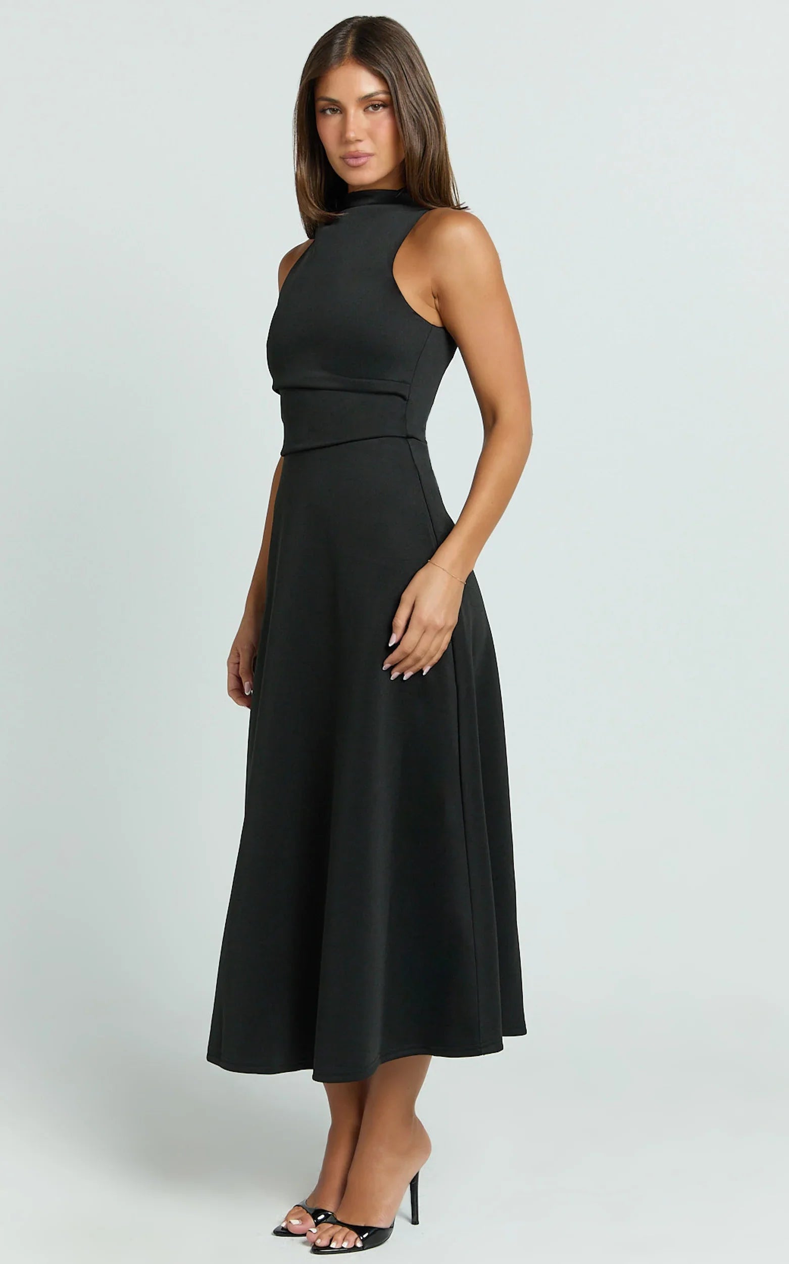 Macy Midi Dress High Neck A Line Dress in Black
