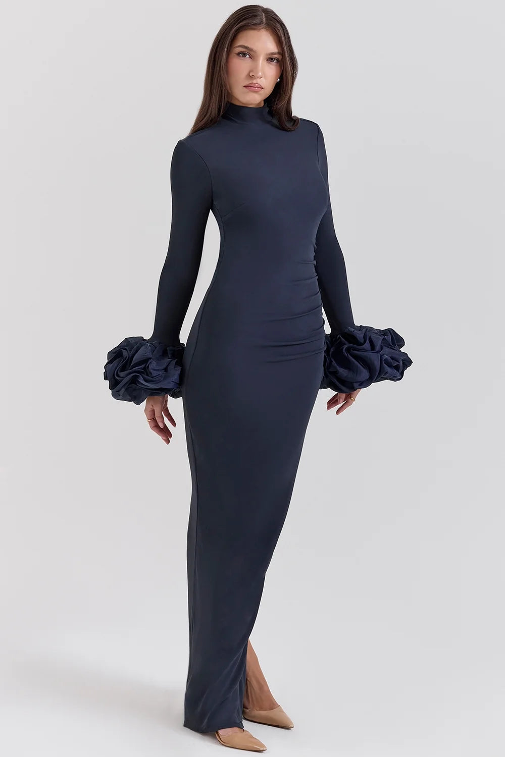 midnight ruffle sleeve maxi dress
