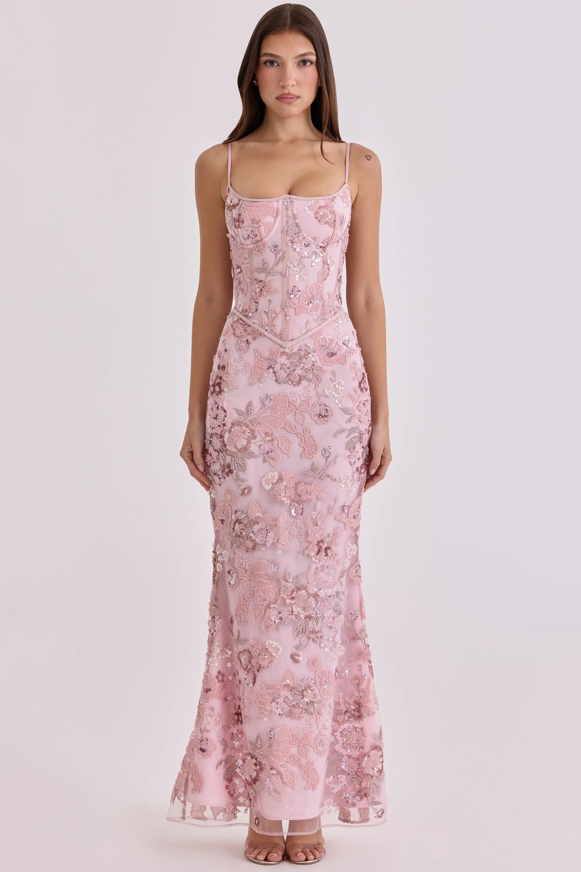 pink hand beaded embellished corset maxi dress limited edition