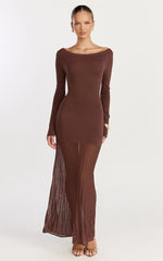 Delphine Maxi Dress Long Sleeve Knit Sheer Pleated Skirt Maxi Dress in Chocolate