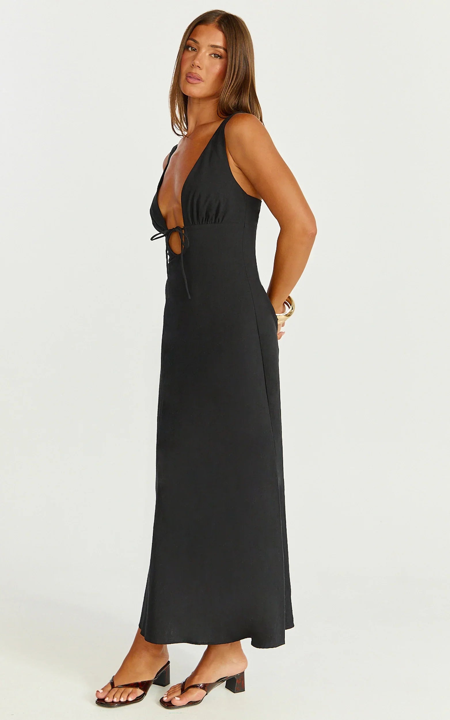 Silvena Midi Dress Plunge Neckline Tie Front A Line Dress in Black