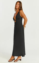 Silvena Midi Dress Plunge Neckline Tie Front A Line Dress in Black