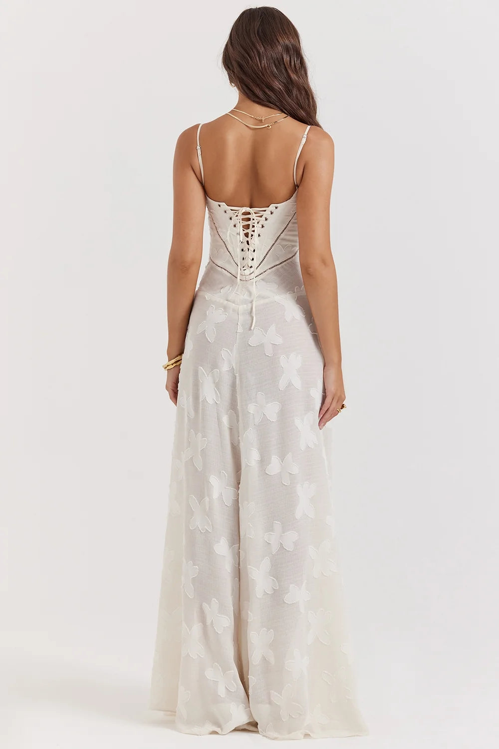 vintage cream floral lace back maxi dress