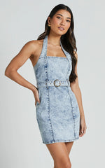 Izolda Mini Dress Halter Neck Belted Bodycon Denim Dress in Light Blue Acid Wash