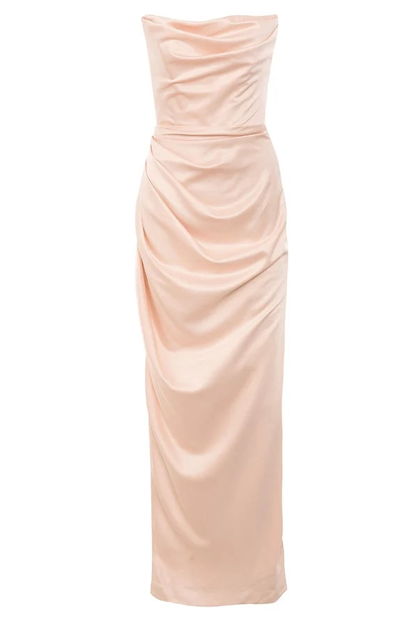 champagne satin strapless gown