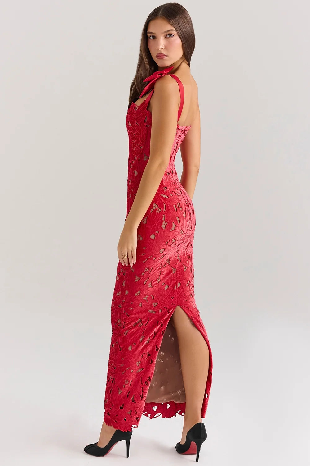 holly red velvet lace maxi dress