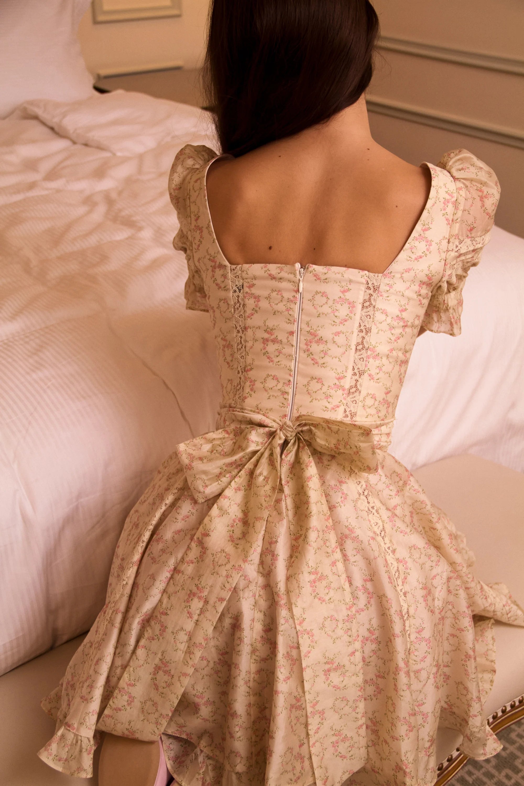 cream floral print chiffon puff sleeve mini dress