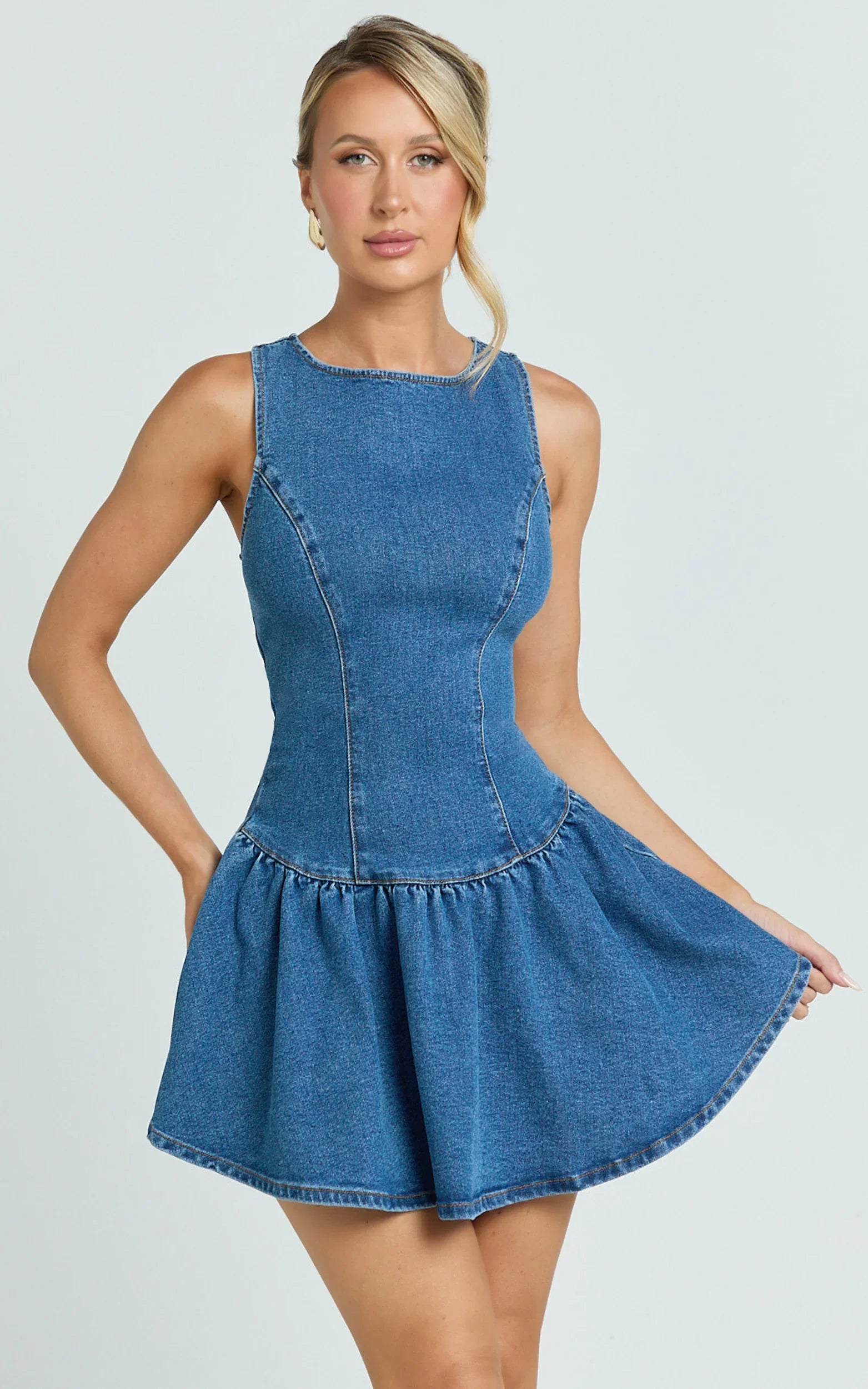 Vera Mini Dress Boat Neck Drop Waist Fit And Flare Denim Dress in Mid Blue Wash