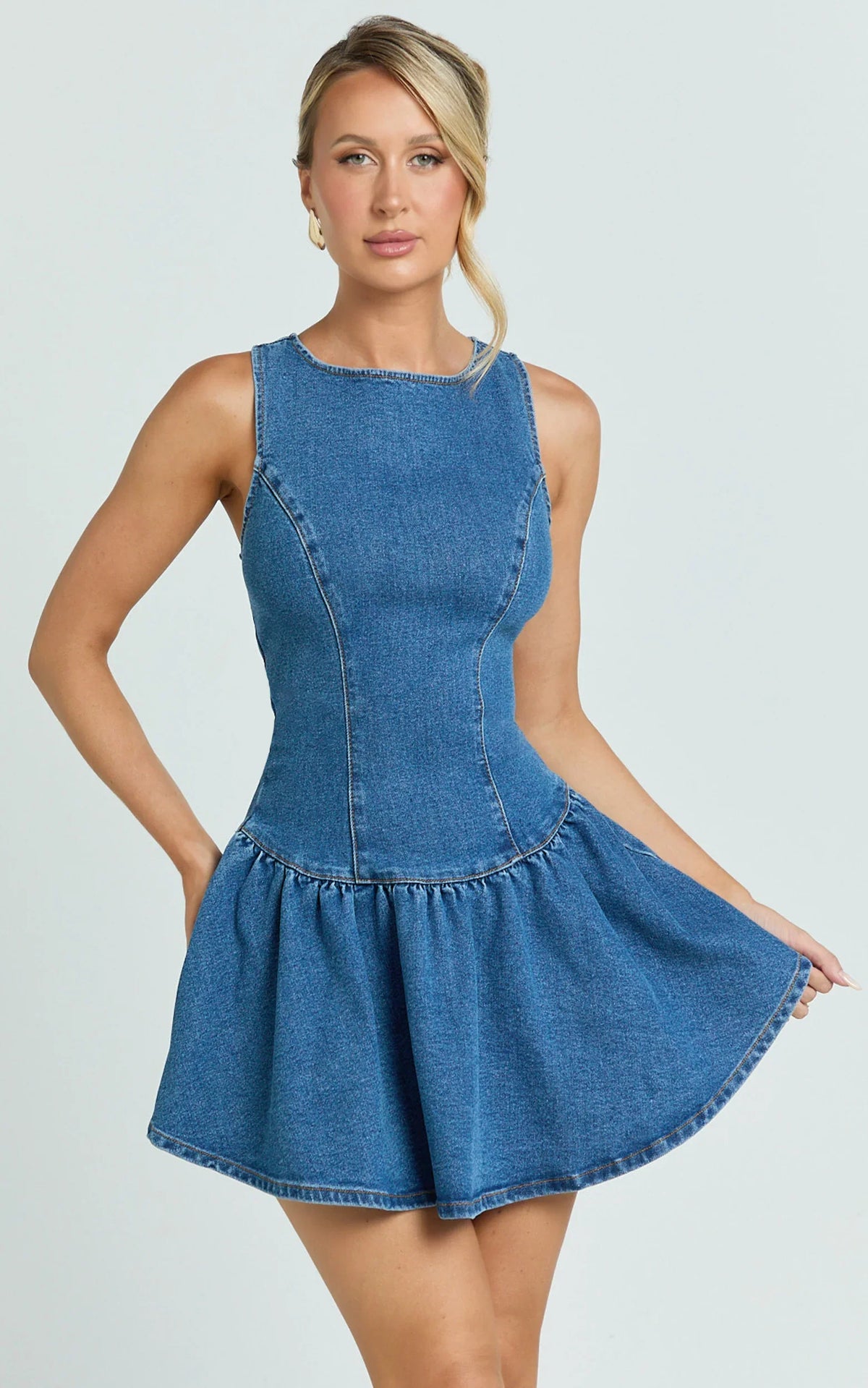 Vera Mini Dress Boat Neck Drop Waist Fit And Flare Denim Dress in Mid Blue Wash