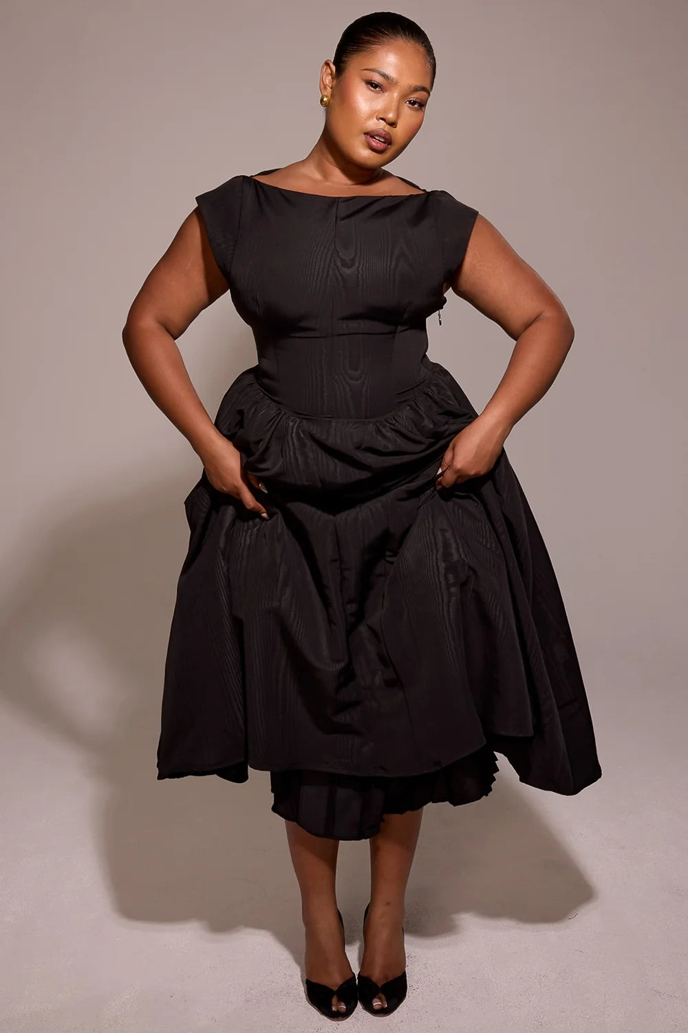 black moire satin backless midi dress