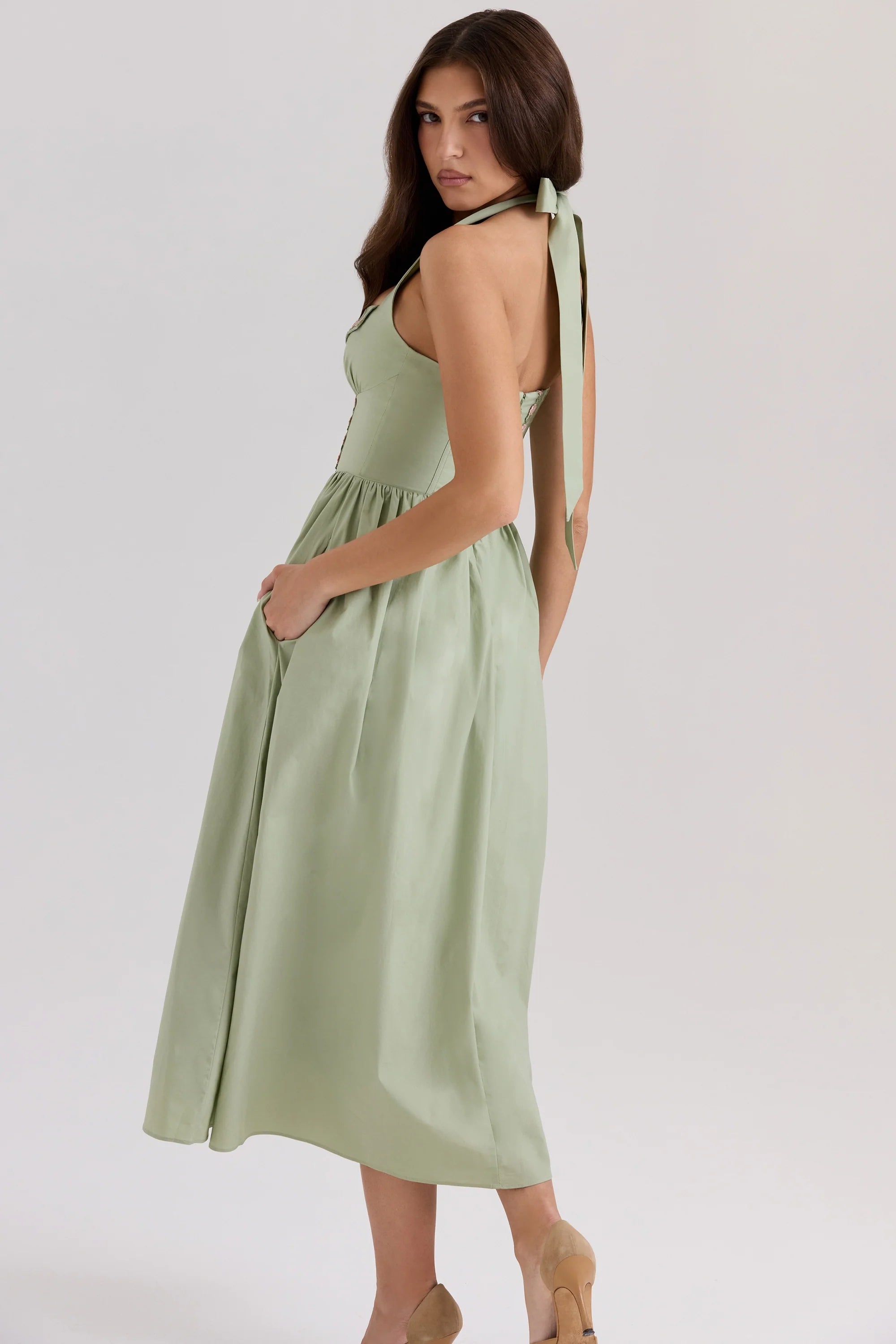 sage stretch cotton halter neck midi dress