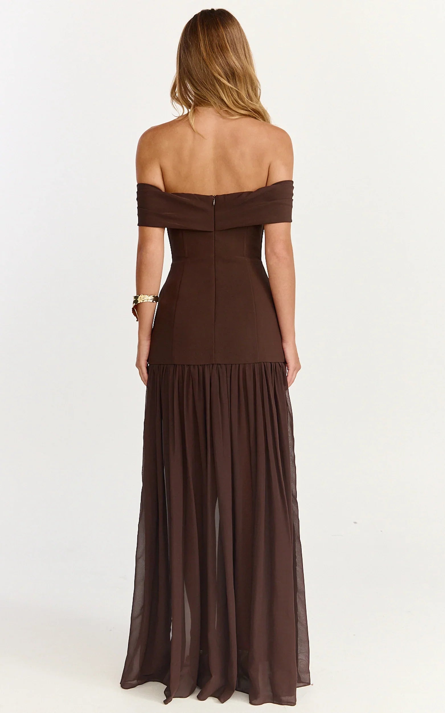 Florence Maxi Dress Off Shoulder Sheer Skirt Dress in Chocolate