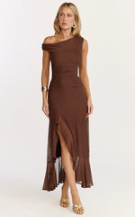 Judee Midi Dress One Shoulder High Side Split Dress in Chocolate
