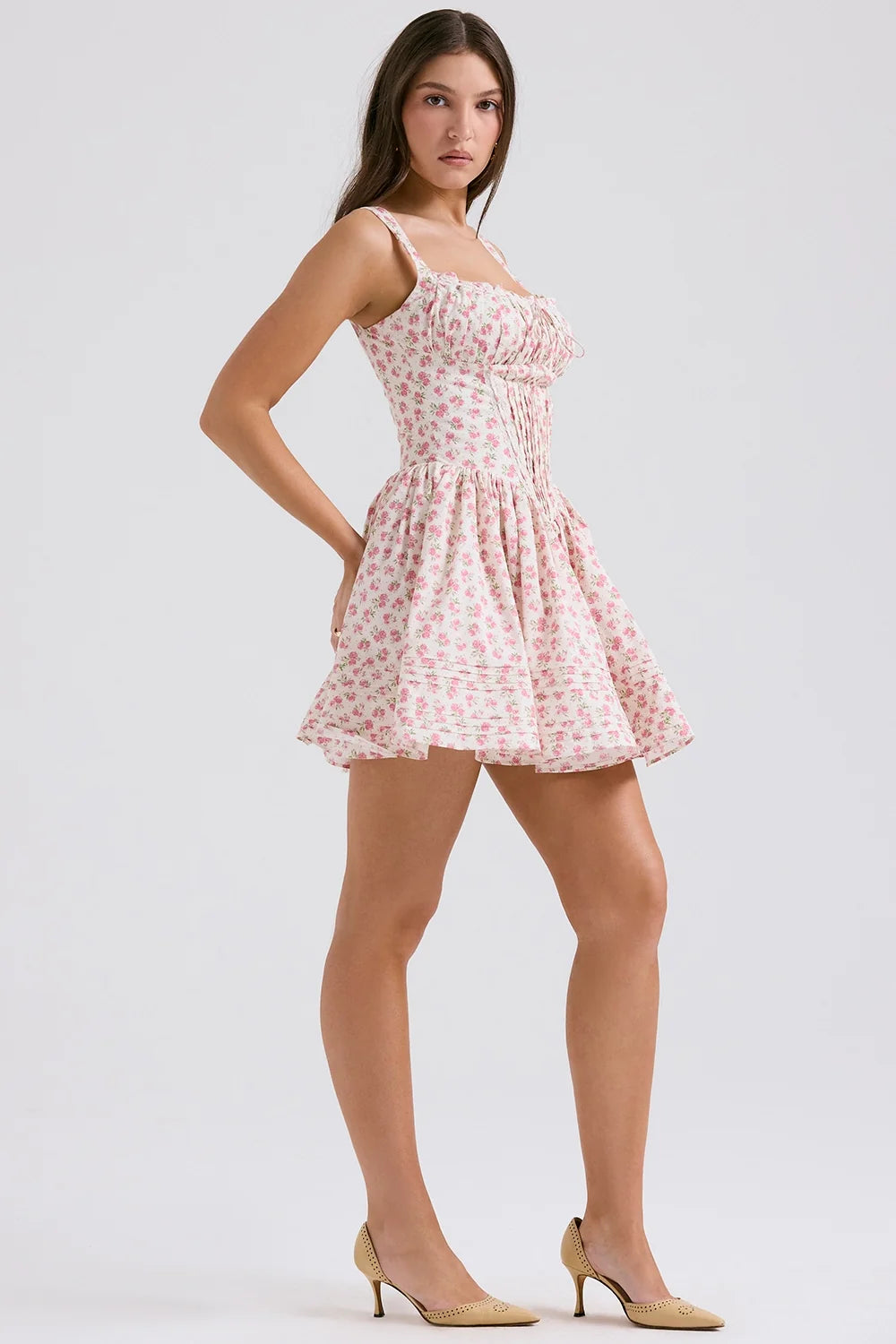 white rosebud print cotton mini dress