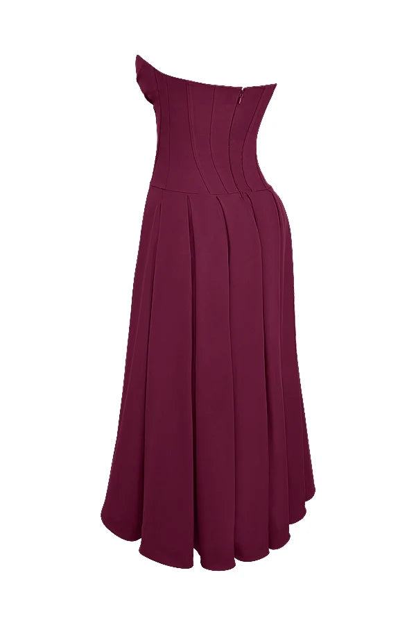 wine strapless midi dress