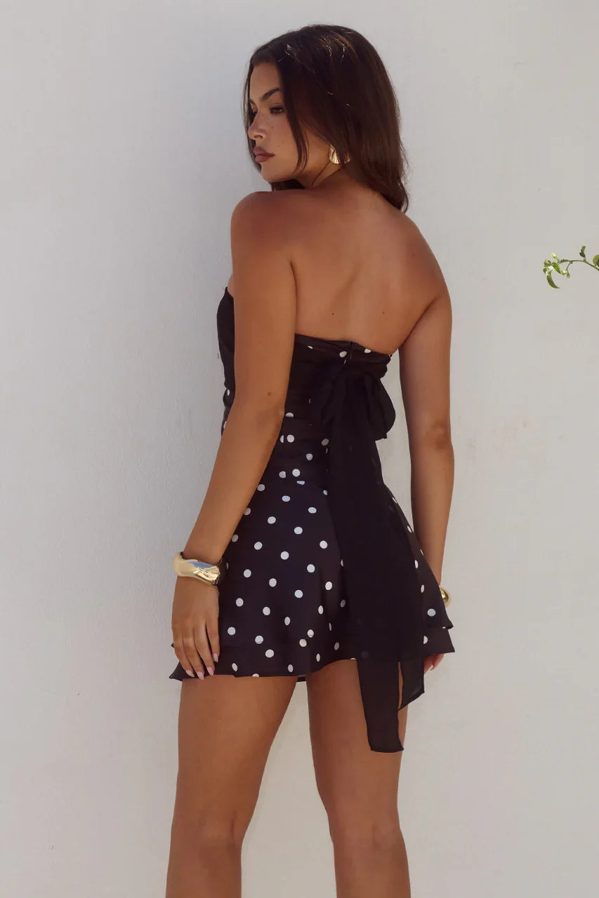 KADIE OFF SHOULDER MINI DRESS BLACK WHITE POLKA