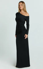 Milly Maxi Dress Asymmetrical Off Shoulder Long Sleeve Side Ruching Maxi Dress in Black