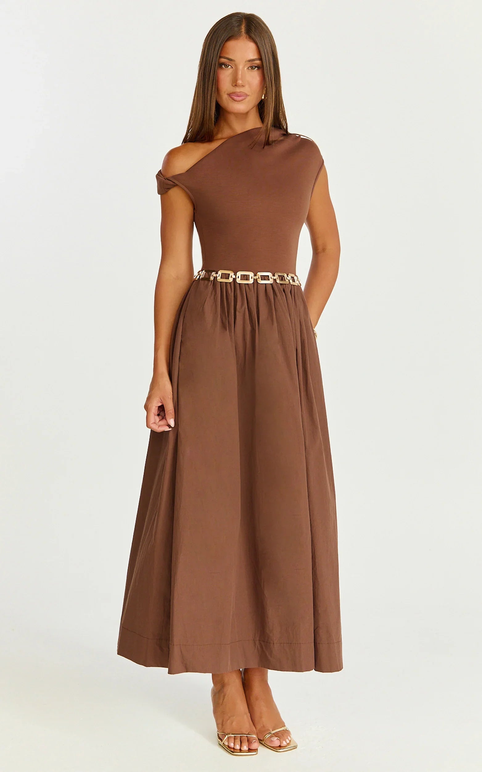 Jhamie Midi Dress One Shoulder Contrast Skirt Dress in Chocolate