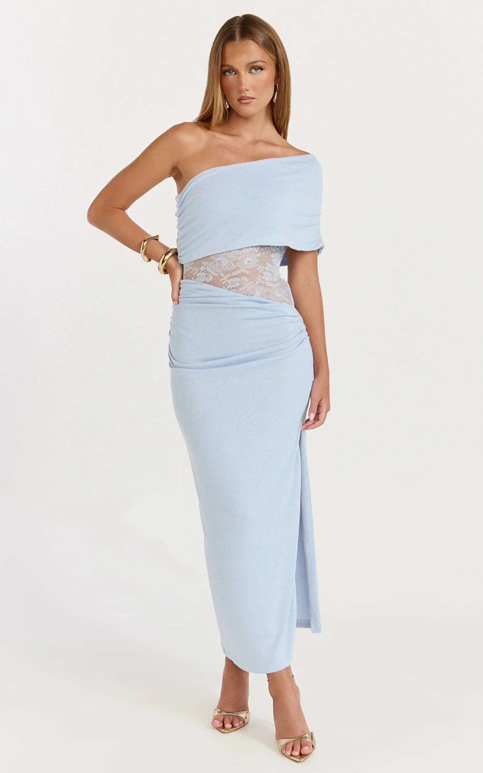 Juliet Midi Dress One Shoulder Lace Contrast Bodycon Dress in Blue