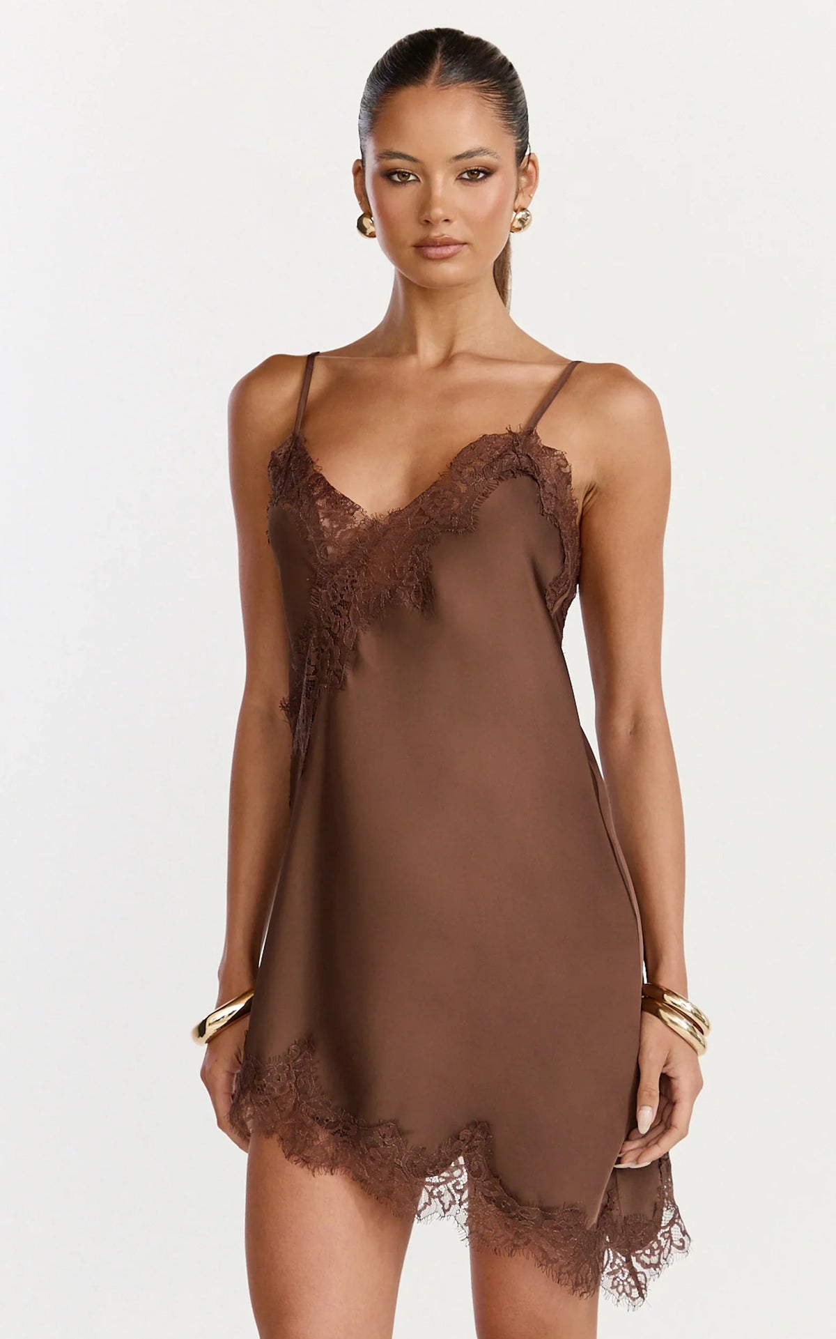 Iris Mini Dress Lace Trim Asymmetrical Camisole Dress in Chocolate