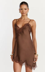 Iris Mini Dress Lace Trim Asymmetrical Camisole Dress in Chocolate