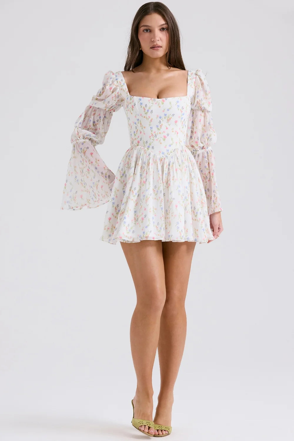 white posy print puff sleeve mini dress