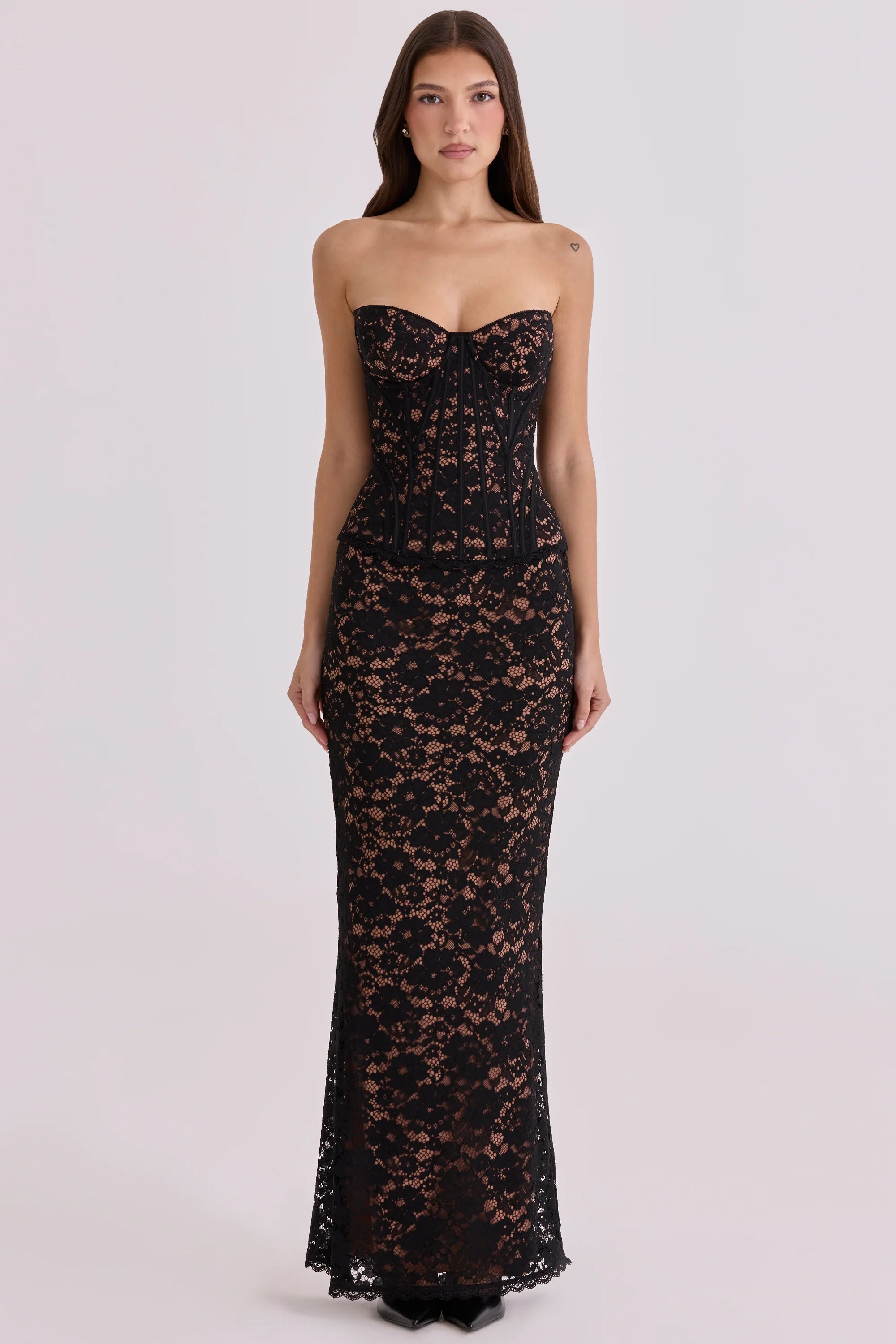 black blush lace corset maxi dress