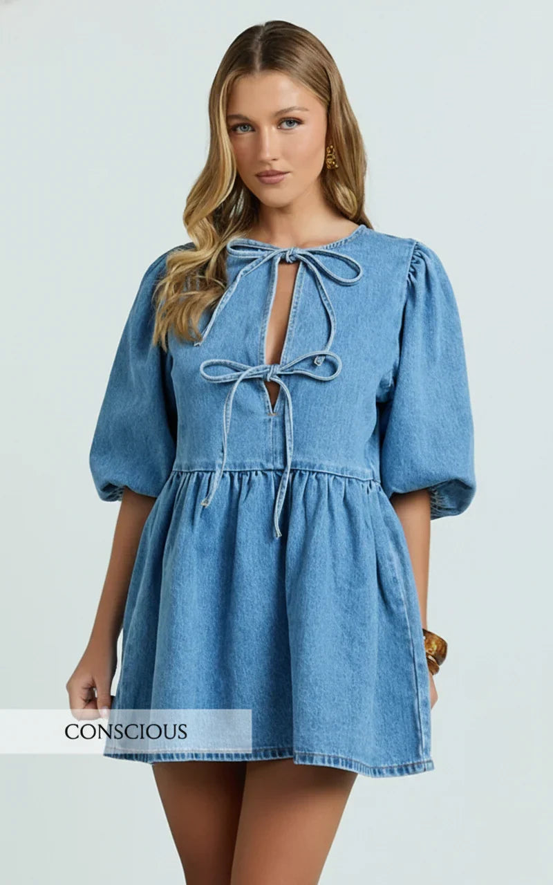 Shailene Mini Dress Tie Front Puff Sleeve Recycled Denim Dress in Mid Blue Wash