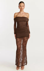 Juliet Maxi Dress Off Shoulder Long Sleeve Ruched Overlay Lace Dress in Choc