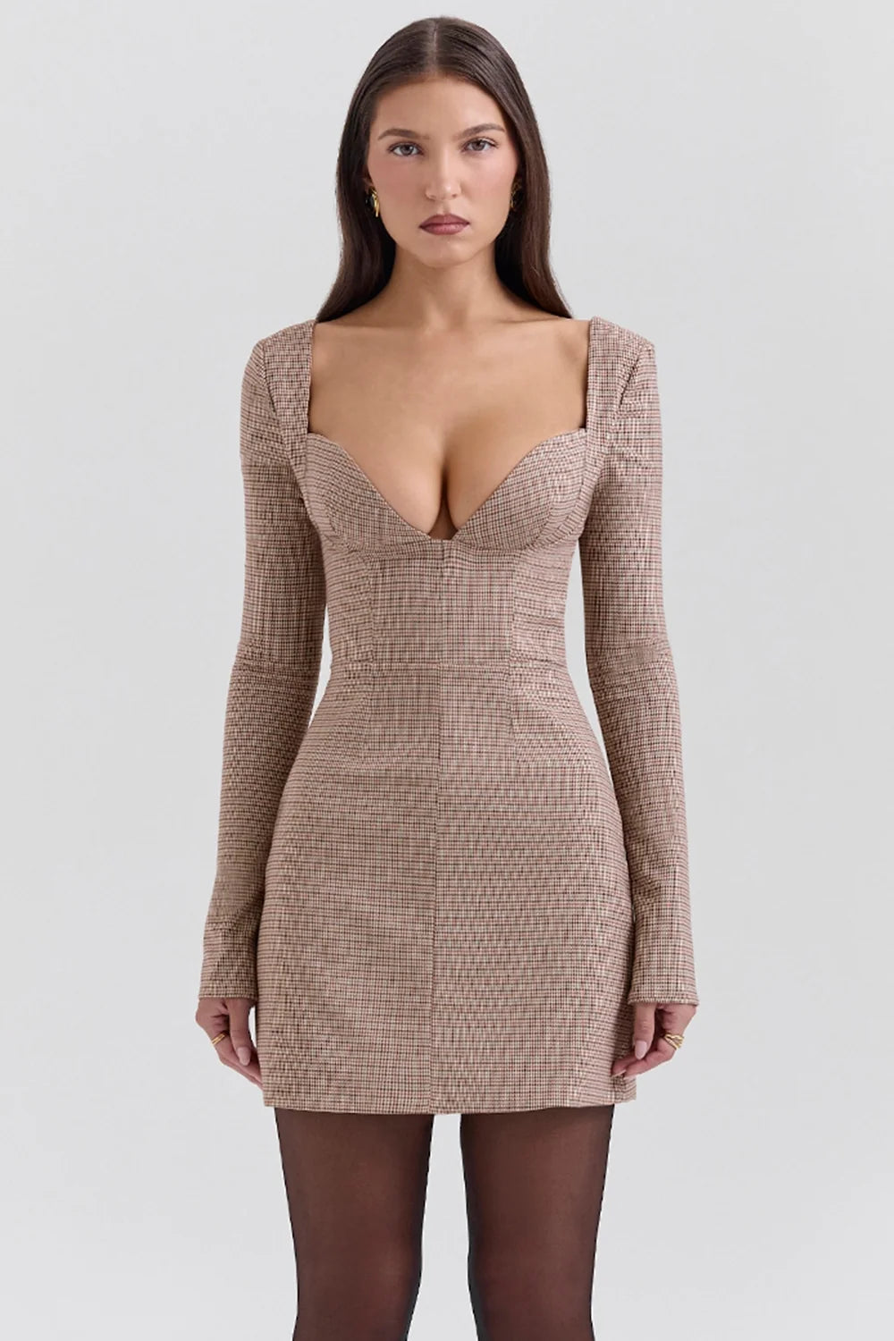 brown puppytooth check plunge mini dress sale